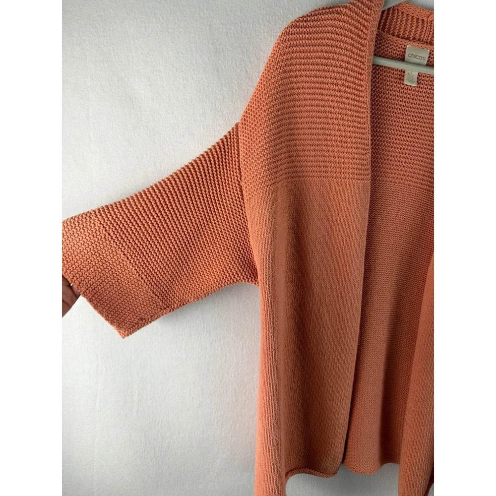 Chicos Open Front Cotton Cardigan Sweater Coral Peach Textured Knit Sz 1/M
